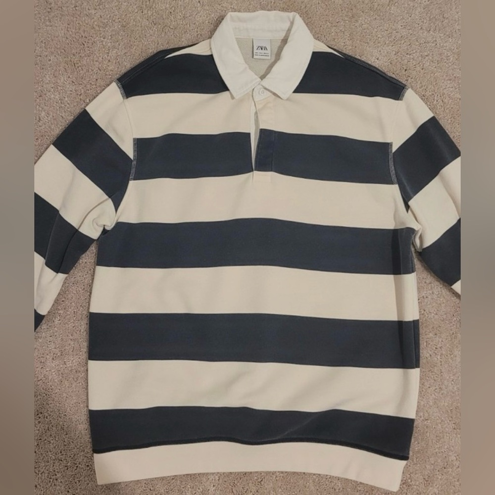 Zara XL long sleeve Navy and White Striped Rugby Polo - Picture 6 of 7